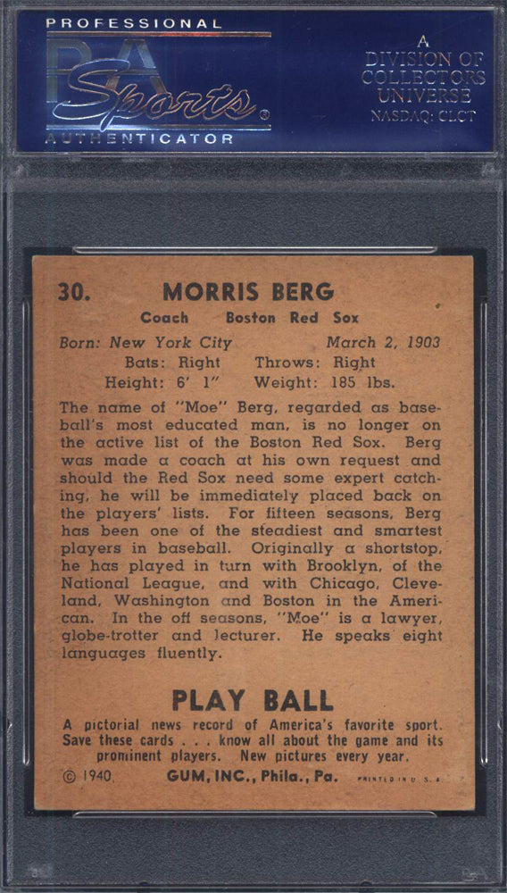 1940 Play Ball #30 Moe Berg Red Sox PSA 6