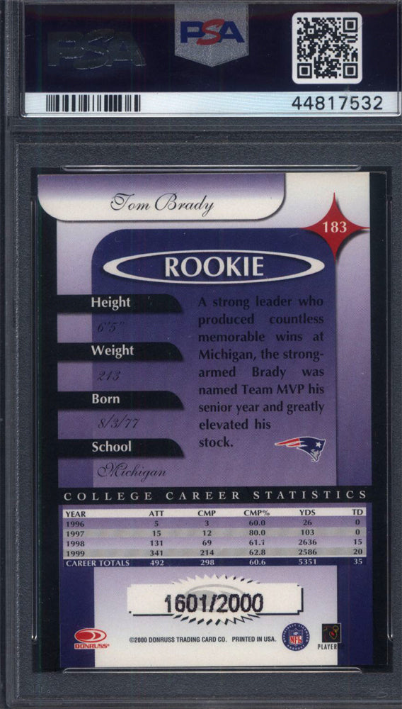2000 Donruss Elite #183 Tom Brady Rookie /2,000 PSA 9