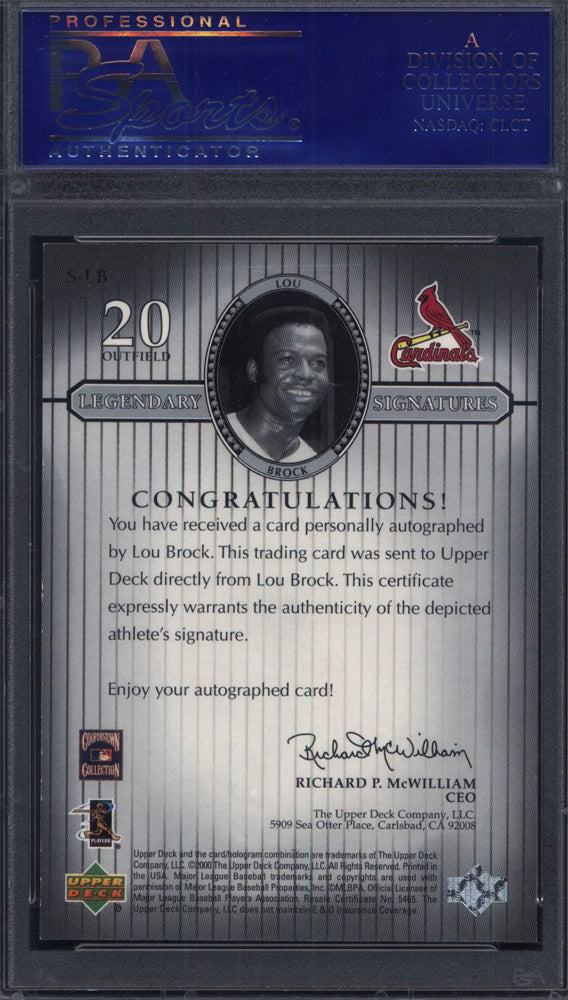 2000 Upper Deck Legends Legendary Signatures #S-LB Lou Brock Auto PSA 9