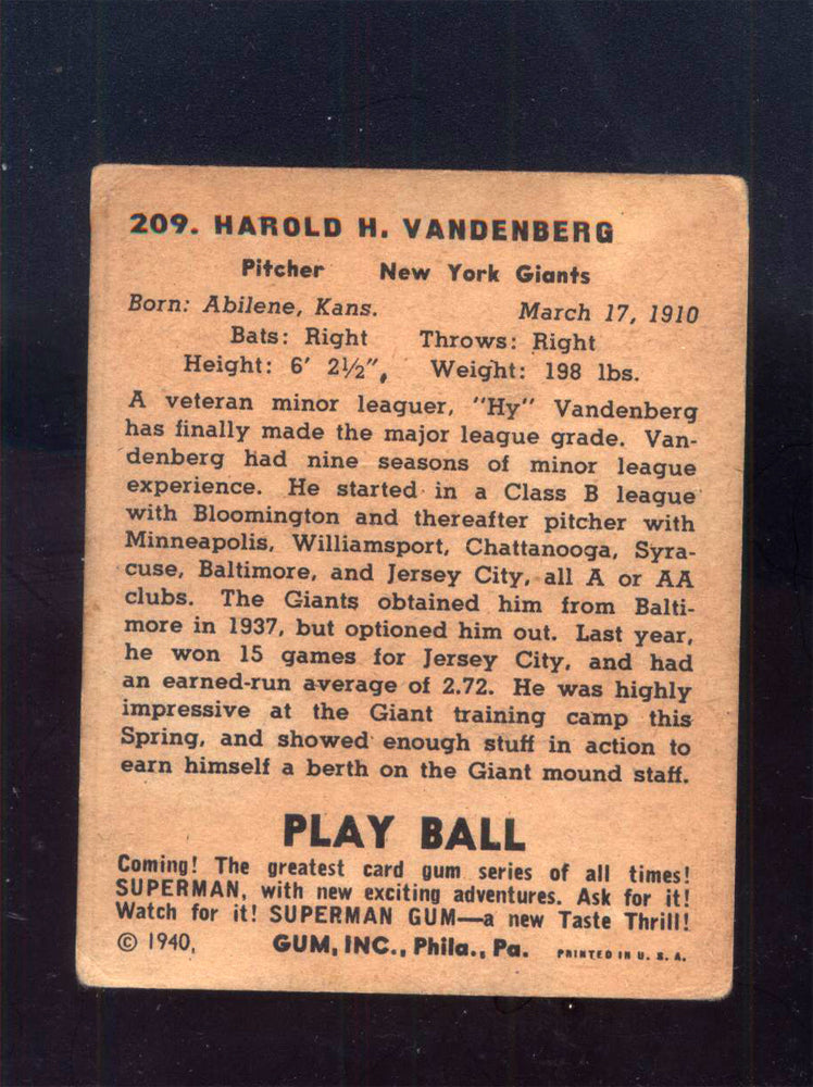 1940 Play Ball #209 HY Vandenberg Giants (VG)