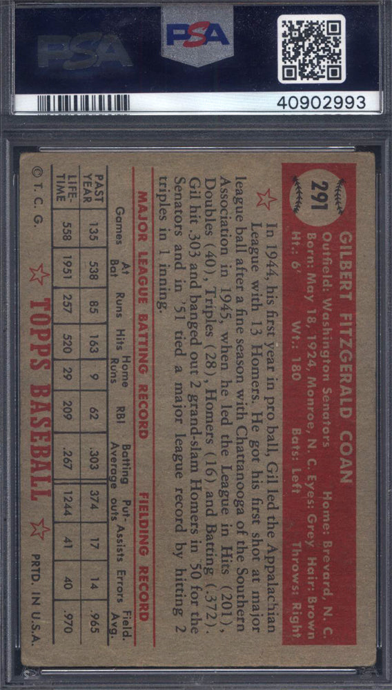 1952 Topps #291 Gil Coan Signed Autographed Auto Senators PSA/DNA