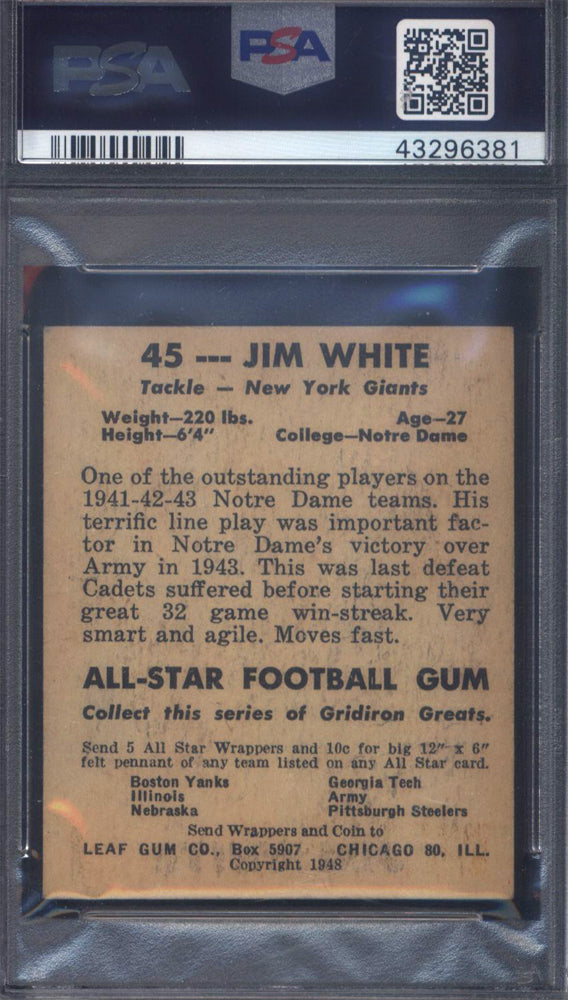 1948 Leaf #45 Jim White Notre Dame New York Giants PSA 4
