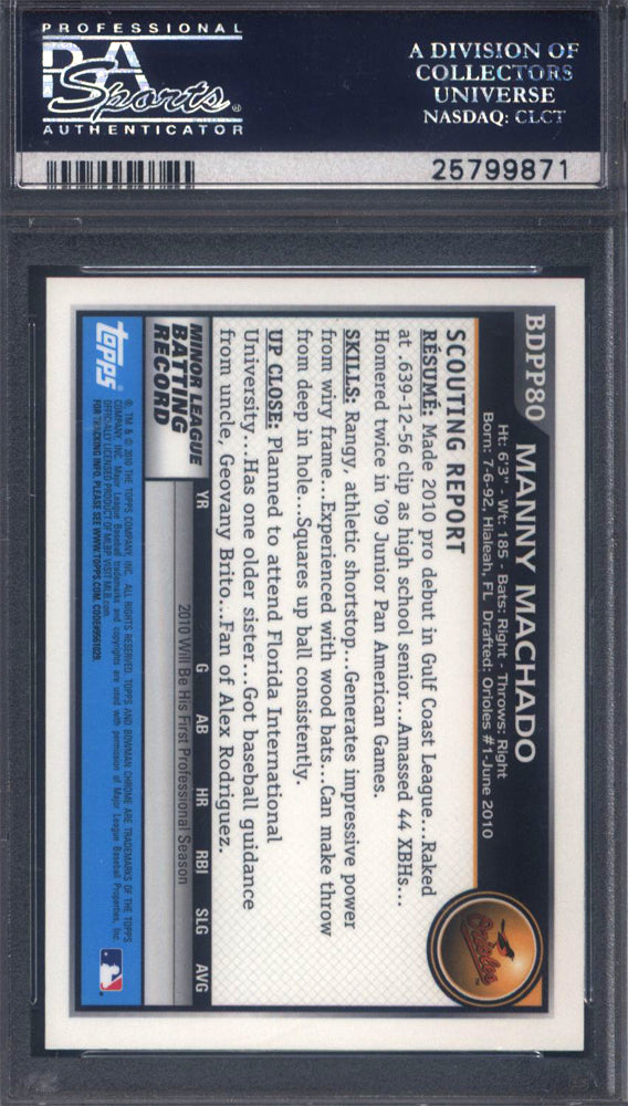 2010 Bowman Chrome Draft & Prospects #BDPP80 Manny Machado Rookie Auto PSA 10