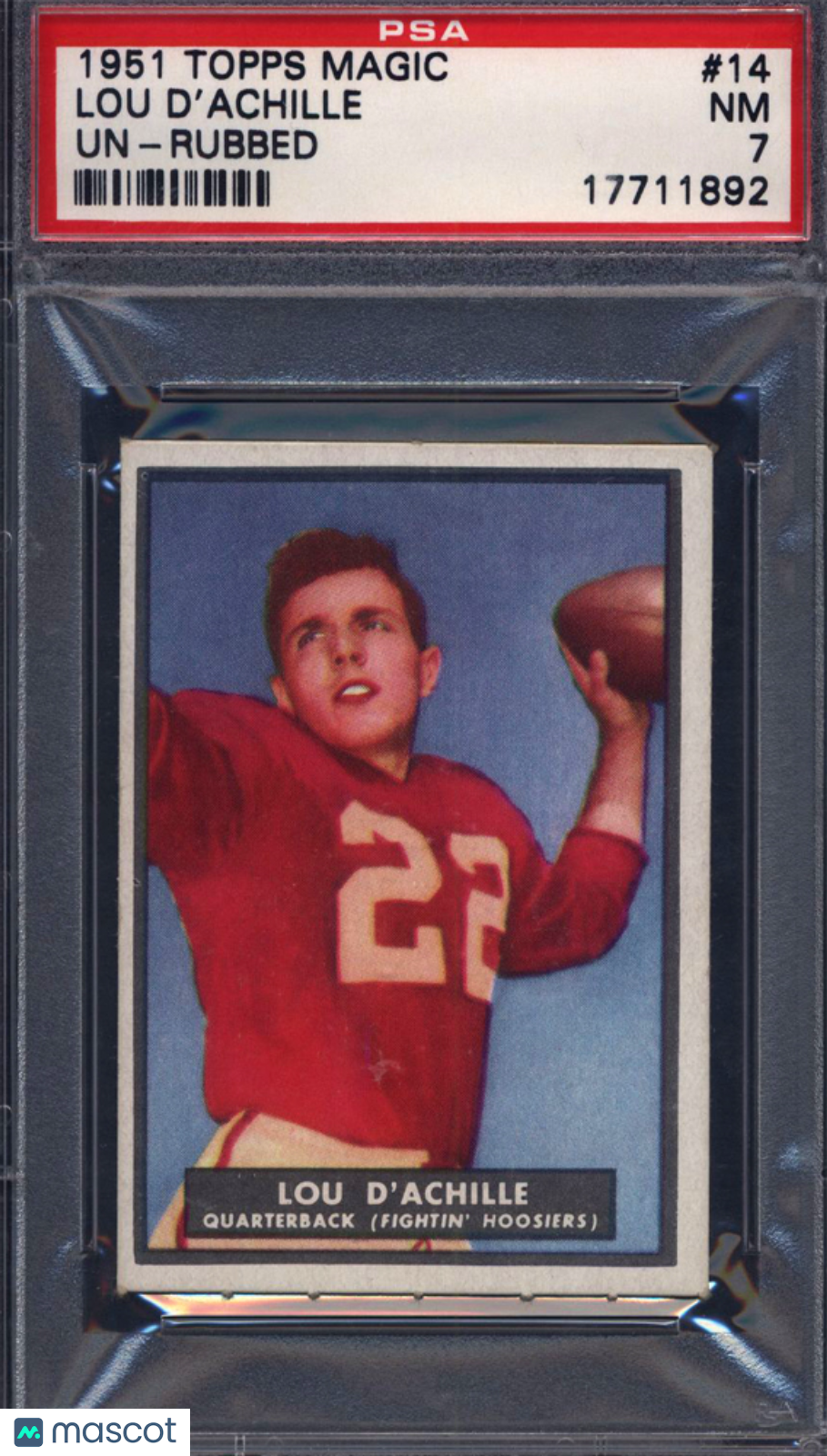 1951 Topps Magic Football #14 Lou D'Achille Un-Rubbed Fightin' Hoosiers PSA 7
