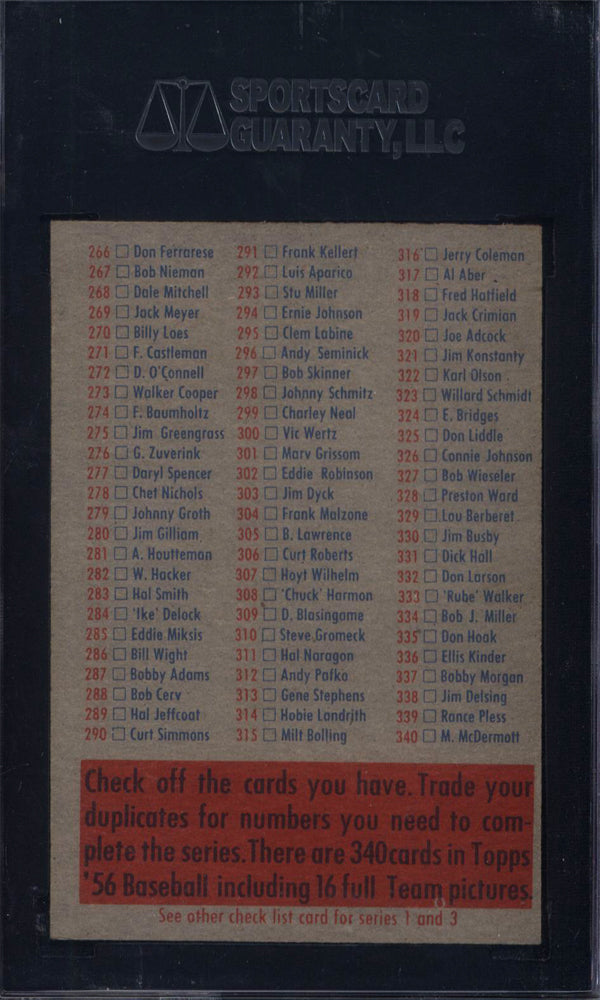 1956 Topps Baseball Checklist 2/4 SGC 6