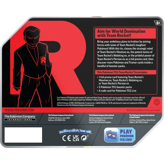 Pokemon Scarlet & Violet Destined Rivals Team Rocket's Persian ex Tin Set (5 Booster Packs & Promo Card)