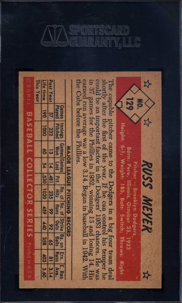 1953 Bowman Color #129 Russ Meyer Well Centered Dodgers SGC 7