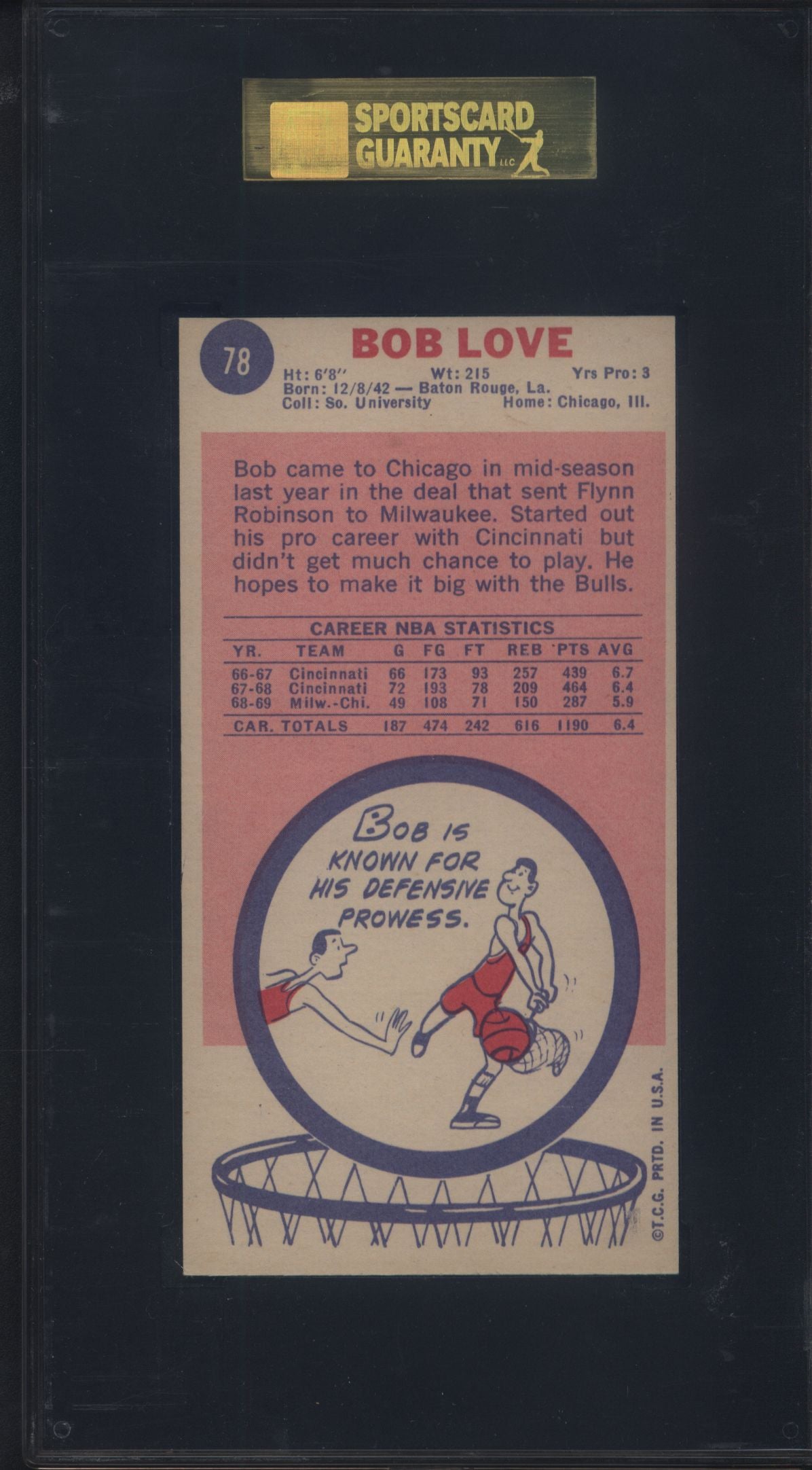 1969 Topps #78 Bob Love Rookie Bulls SGC 8