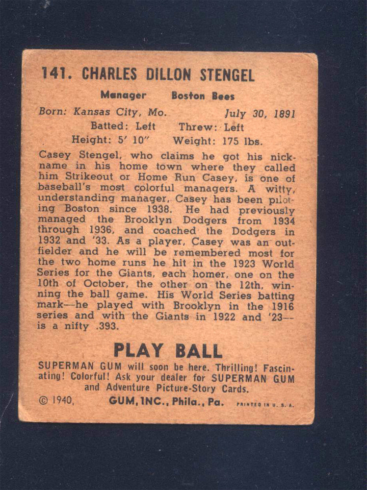 1940 Play Ball #141 Casey Stengel Boston (VG)