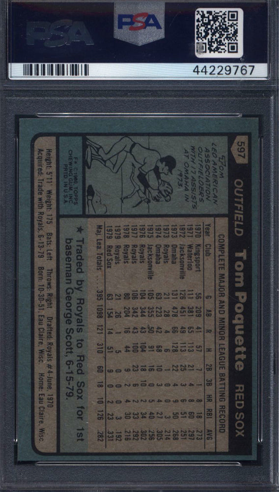 1980 Topps #597 Tom Poquette Name In Yellow Variation Red Sox PSA 8