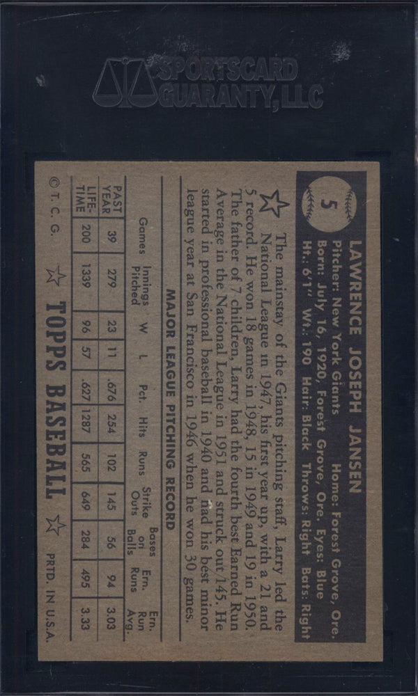 1952 Topps #5 Larry Jansen Black Back Giants SGC 7