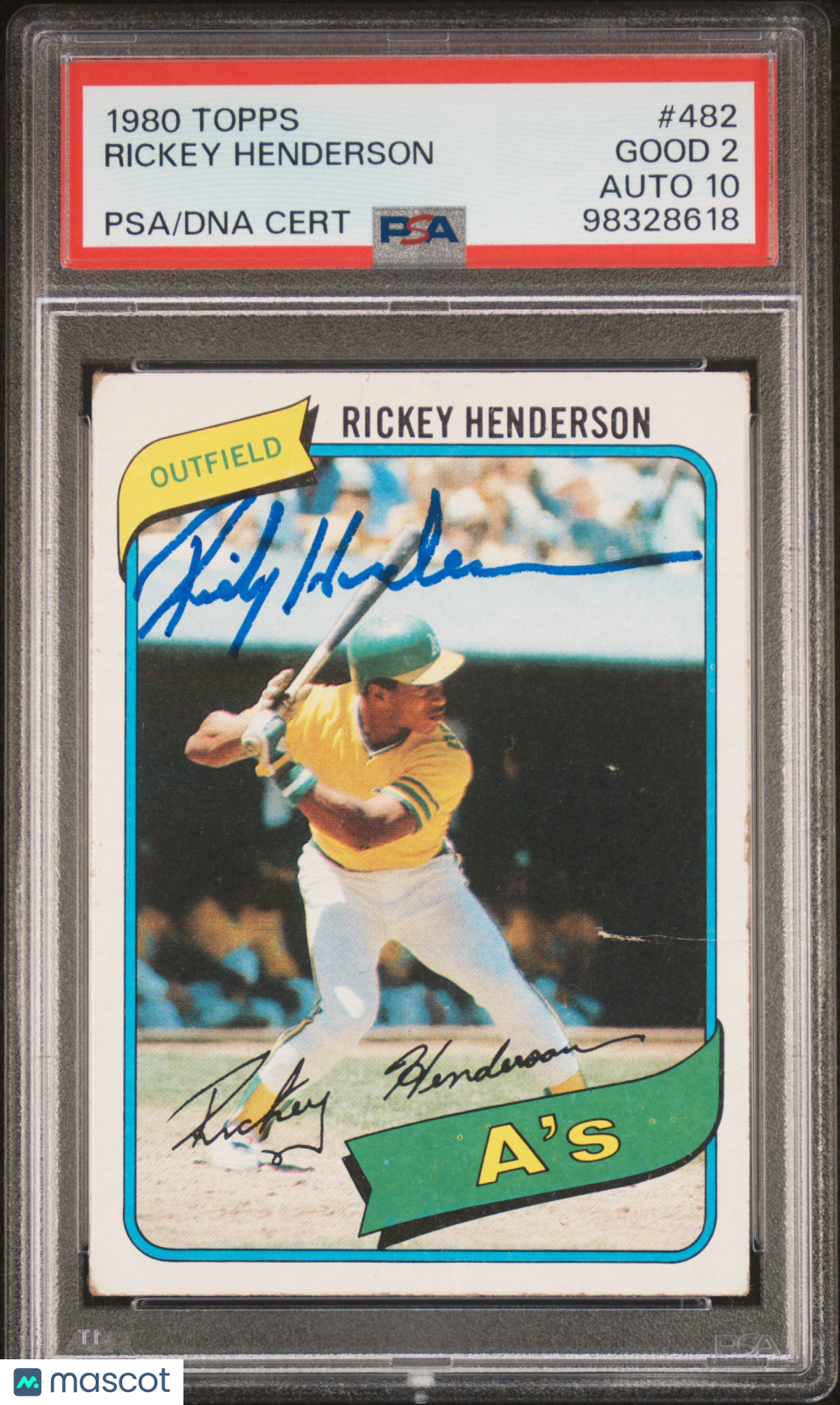 1980 Topps #482 Rickey Henderson Rookie HOF Signed PSA 2 Auto 10
