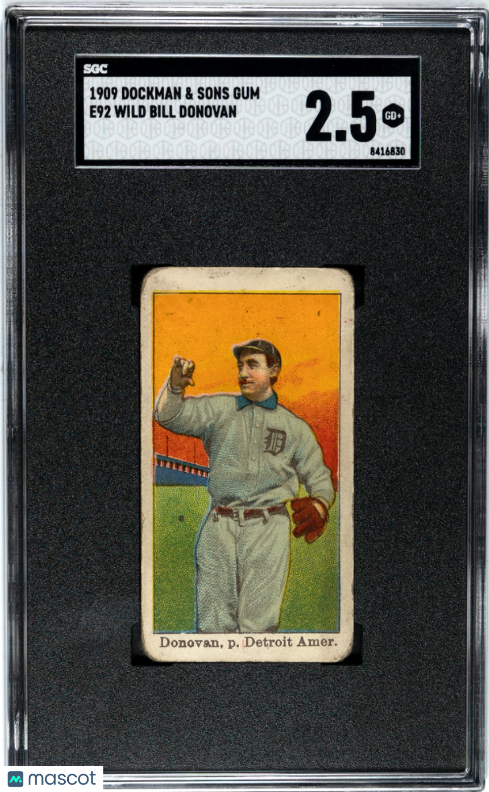 1909 #E92 Wild Bill Donovan Detroit SGC 2.5 Dockman & Sons Gum Back
