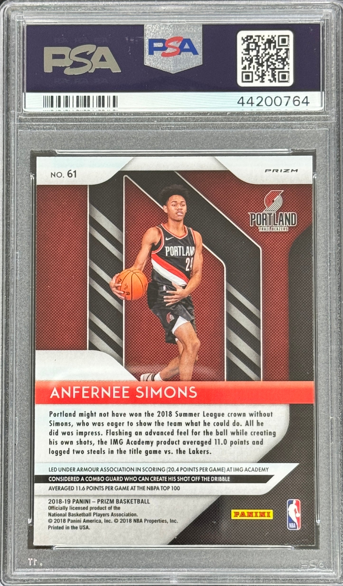 2018 Panini Prizm #61 Anfernee Simons Rookie Silver Blazers PSA 10