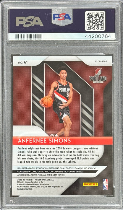 2018 Panini Prizm #61 Anfernee Simons Rookie Silver Blazers PSA 10