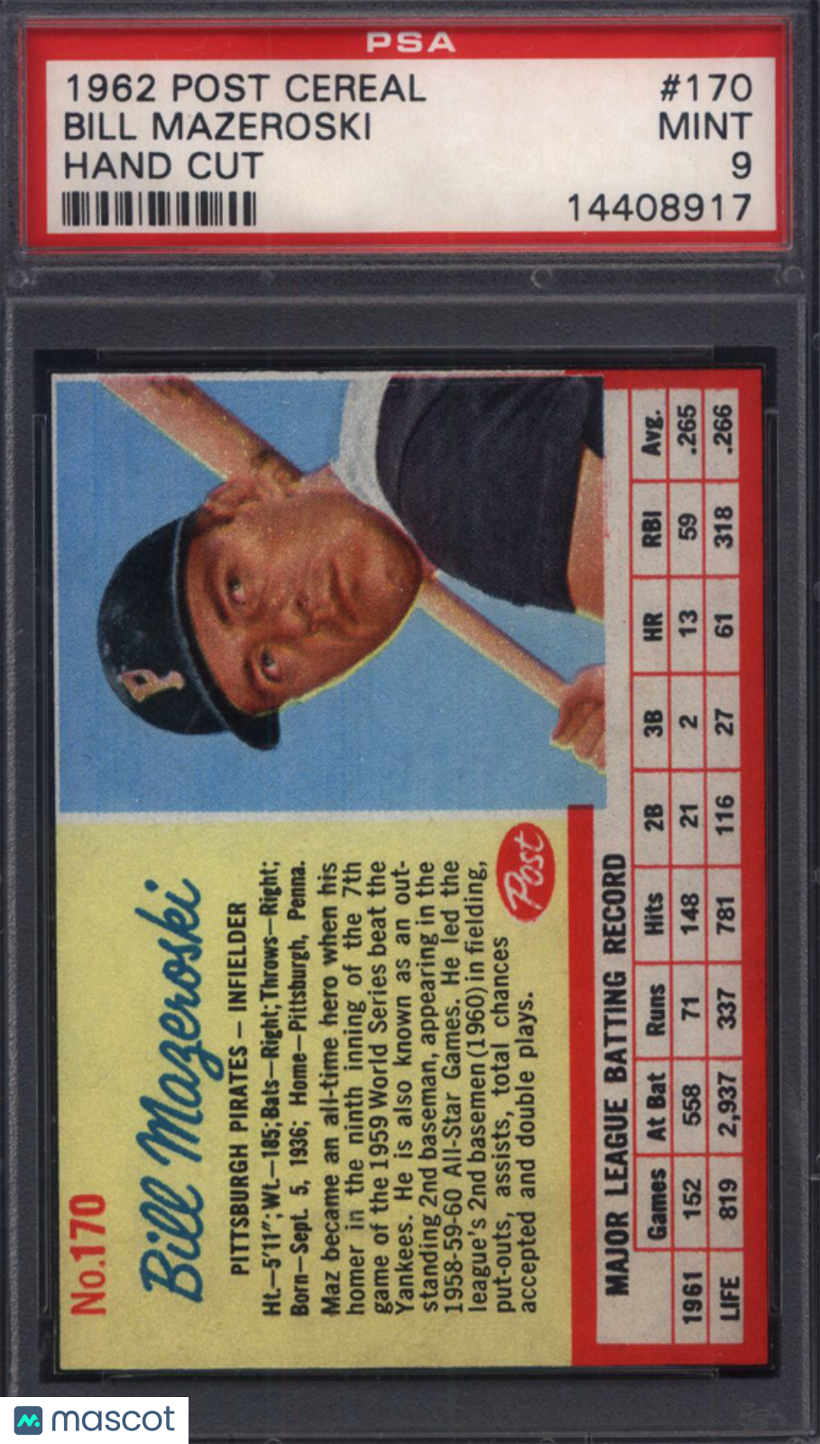 1962 Post Cereal #170 Bill Mazeroski Pirates PSA 9 POP 3 (Only 1 Higher)