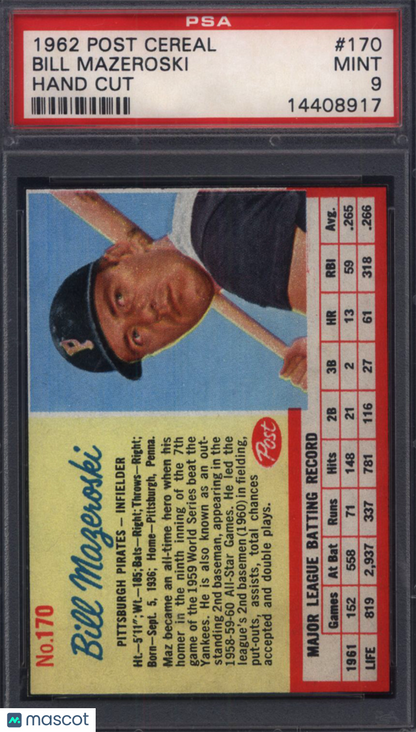 1962 Post Cereal #170 Bill Mazeroski Pirates PSA 9 POP 3 (Only 1 Higher)
