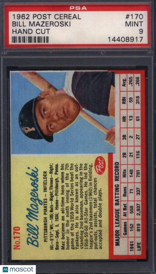 1962 Post Cereal #170 Bill Mazeroski Pirates PSA 9 POP 3 (Only 1 Higher)