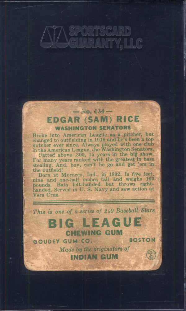 1933 Goudey #134 Sam Rice Senators SGC 1.5