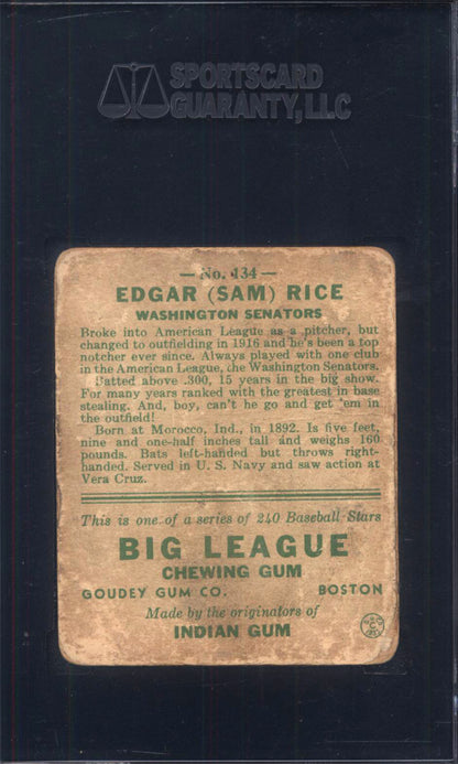 1933 Goudey #134 Sam Rice Senators SGC 1.5