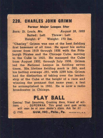 1940 Play Ball #228 Charley Grimm Pirates (GD)