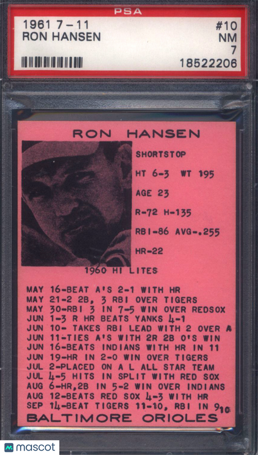 1961 7-11 #10 Ron Hansen Orioles PSA 7 pop 1 none higher