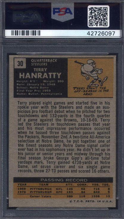 1971 Topps #30 Terry Hanratty Rookie Notre Dame Steelers Auto PSA Authentic