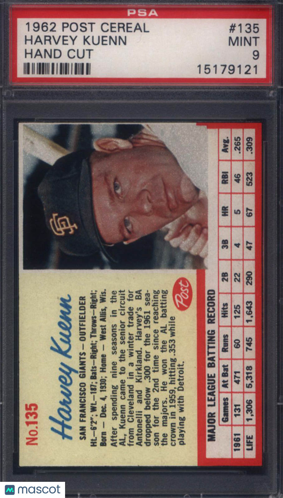 1962 Post Cereal #135 Harvey Kuenn Giants PSA 9