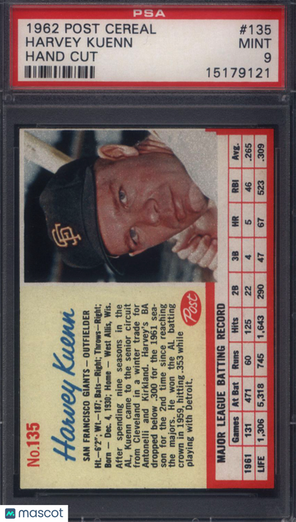 1962 Post Cereal #135 Harvey Kuenn Giants PSA 9