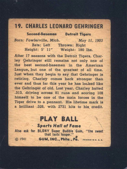 1941 Play Ball #19 Charles "Charley" Gehringer Tigers (VG)