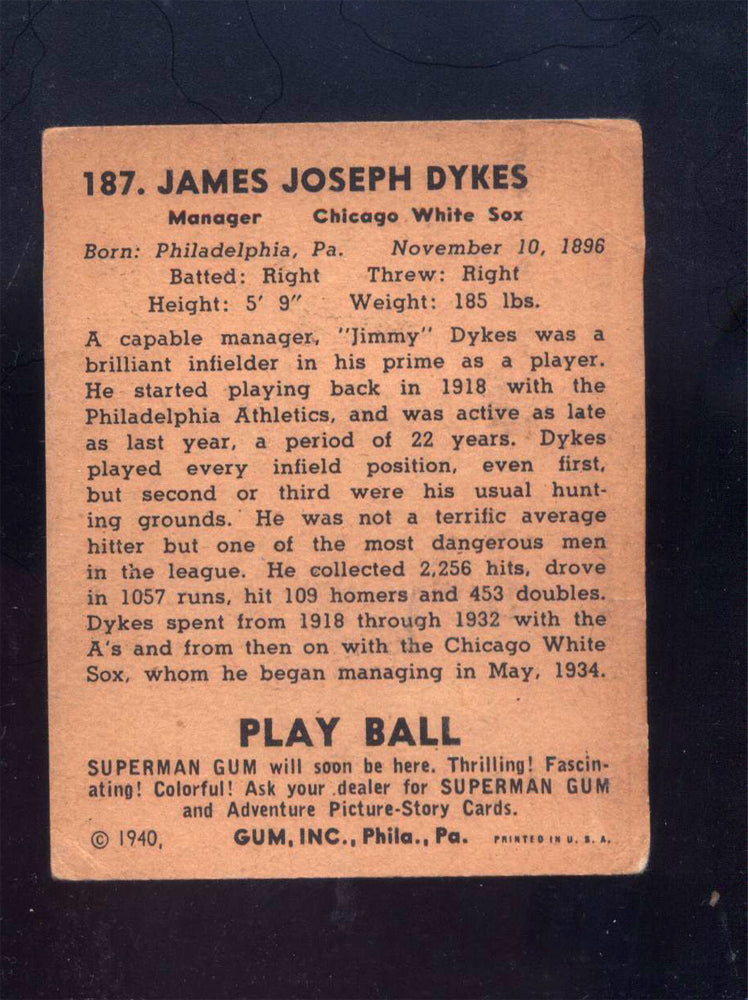 1940 Play Ball #187 Jimmy Dykes White Sox (VG)