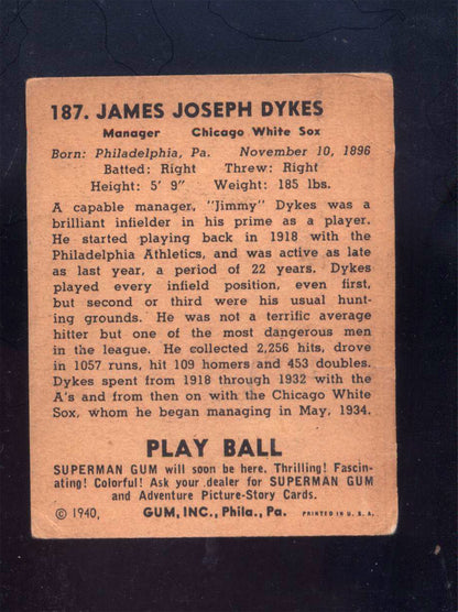 1940 Play Ball #187 Jimmy Dykes White Sox (VG)