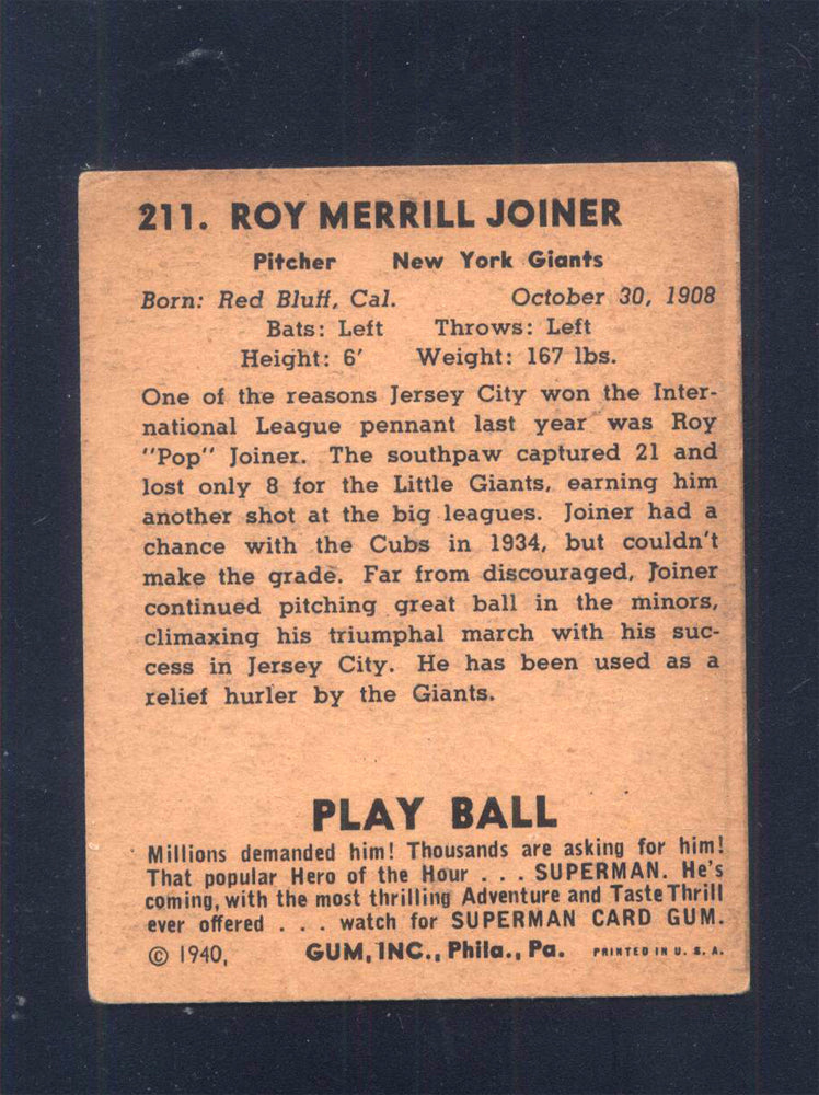 1940 Play Ball #211 Pop Joiner Giants (GD)