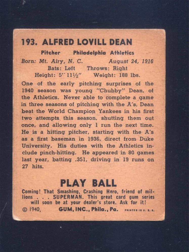 1940 Play Ball #193 Chubby Dean Athletics (VG)