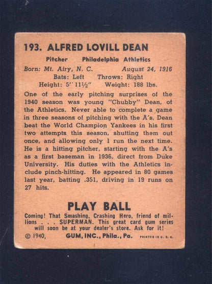 1940 Play Ball #193 Chubby Dean Athletics (VG)