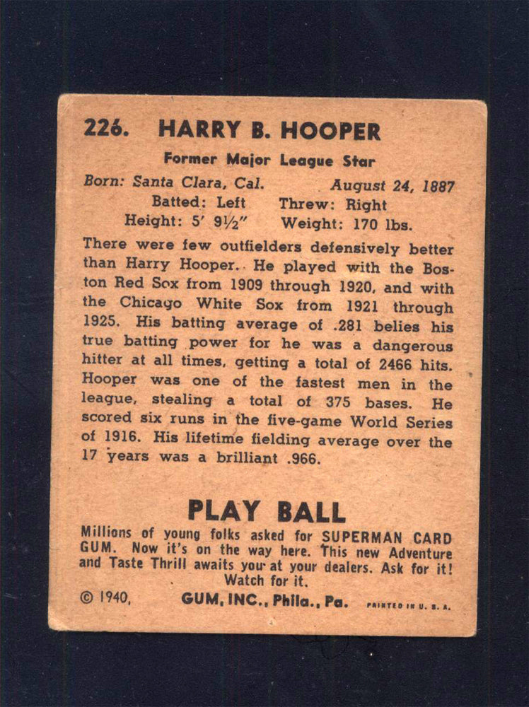 1940 Play Ball #226 Harry Hooper Red Sox (VG)