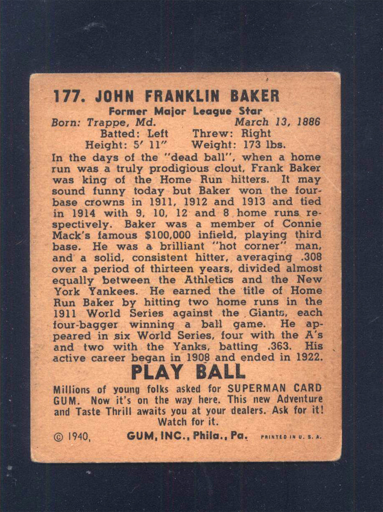 1940 Play Ball #177 Frank Home Run Baker Athletics (VG)