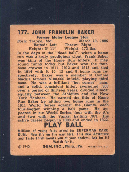 1940 Play Ball #177 Frank Home Run Baker Athletics (VG)