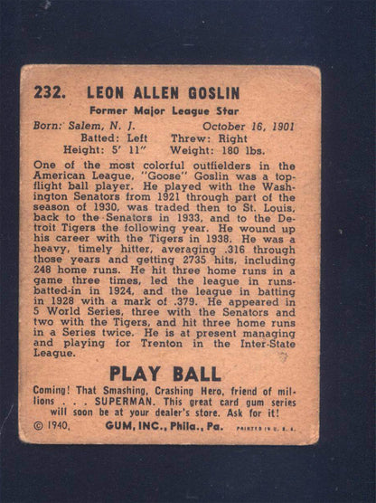 1940 Play Ball #232 Goose Goslin Tigers (GD)