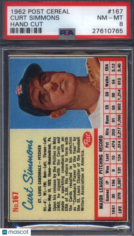 1962 Post Cereal #167 Curt Simmons Cardinals  PSA 8