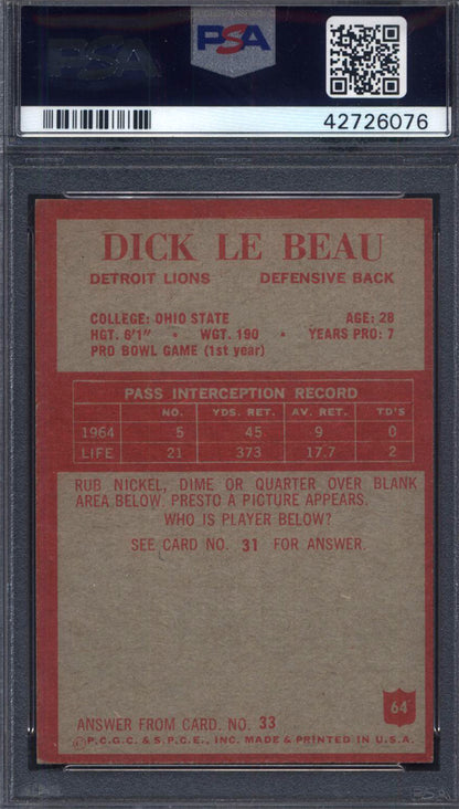 1965 Philadelphia #64 Dick Lebeau Rookie HOF Lions Signed Auto PSA Authentic