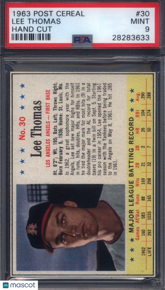 1963 Post Cereal #30 Lee Thomas Hand Cut Angels PSA 9 SP Short Print pop 2