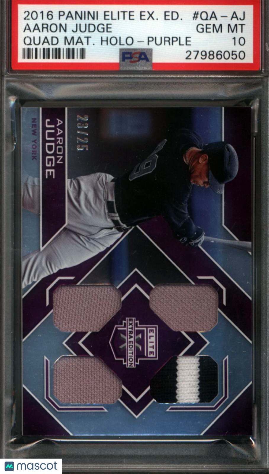 2016 Elite Extra Edition Quad Materials Aaron Judge Holo Purple /25 PSA 10 pop 1