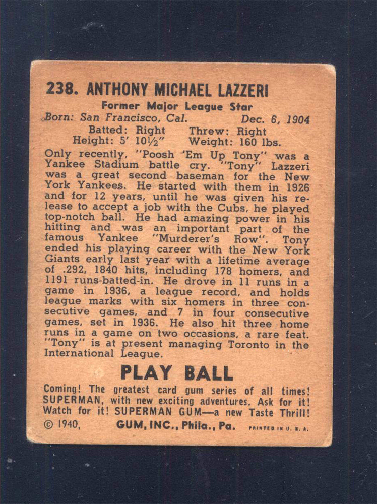 1940 Play Ball #238 Tony Lazzeri Yankees (VG)