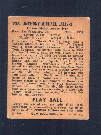 1940 Play Ball #238 Tony Lazzeri Yankees (VG)
