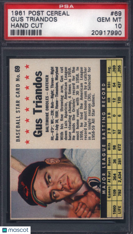 1961 Post Cereal Hand Cut #69 Gus Triandos Orioles PSA 10 pop 5