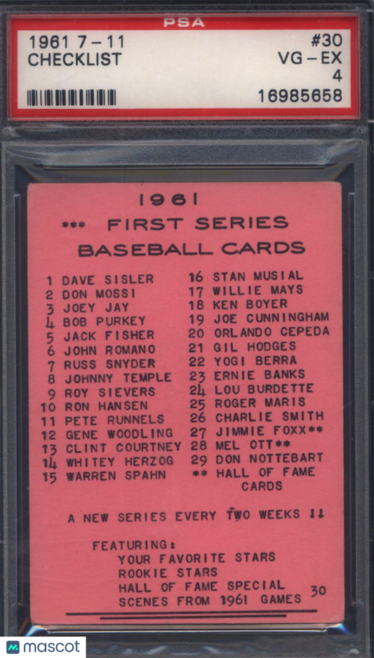 1961 7-11 #30 Checklist PSA 4