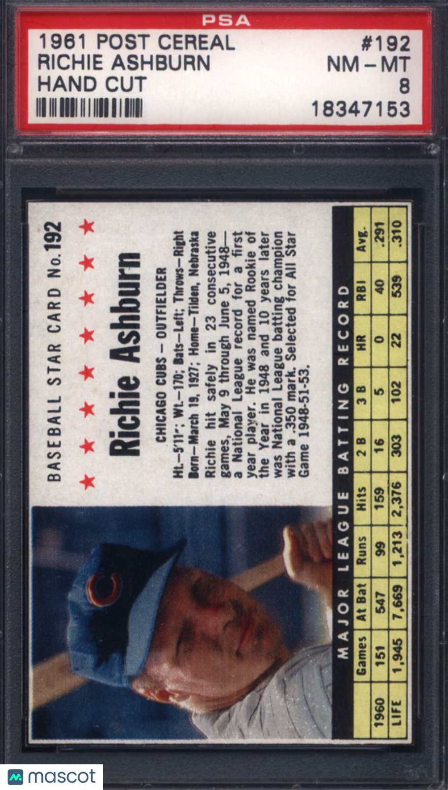 1961 Post Cereal #192 Richie Ashburn Hand Cut Cubs PSA 8