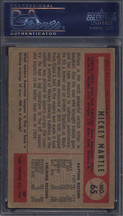 1954 Bowman #65 Mickey Mantle Yankees PSA 3 Well Centered