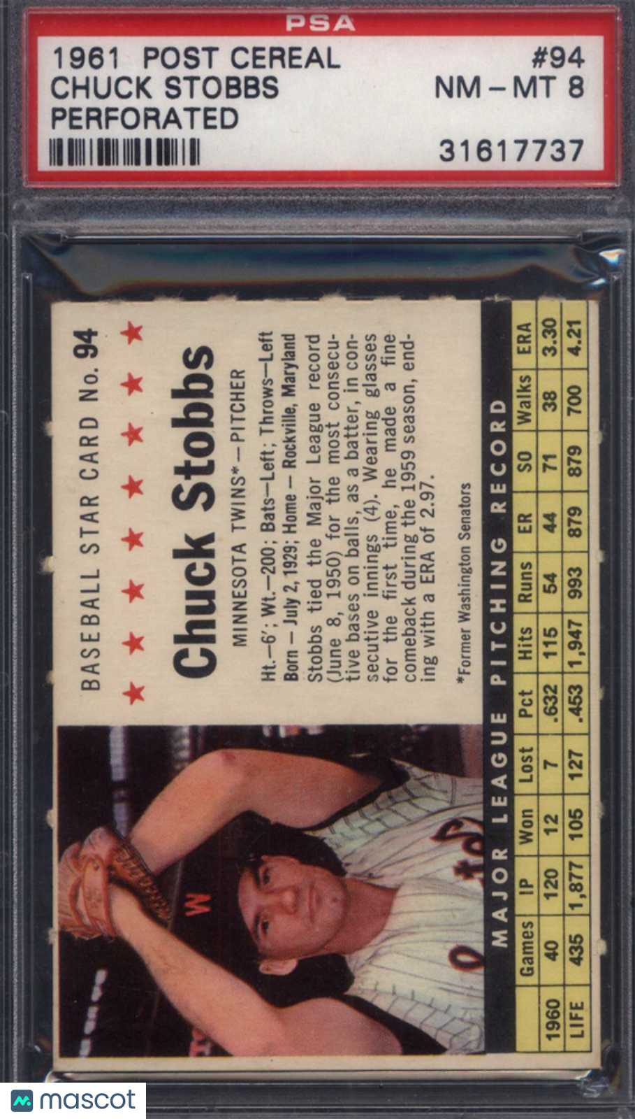 1961 Post Cereal Perforated #94 Chuck Stobbs Twins PSA 8